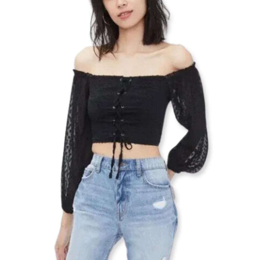 Aeropostale Cropped Top Lace Up Off Shoulder Sheer Long Sleeves Black W S NWOT